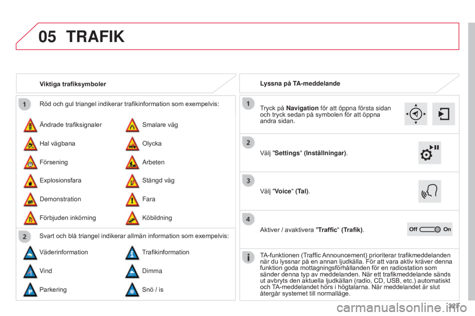 CITROEN C4 2015 InstruktionsbÖcker (in Swedish) 05
327
C4-2_sv_Chap13b_SMEGplus_ed01-2015
C4-2_sv_Chap13b_SMEGplus_ed01-2015
Röd och gul triangel indikerar trafikinformation som exempelvis:
Ändrade trafiksignaler
Explosionsfara Smalare väg
Stän CITROEN C4 2015 InstruktionsbÖcker (in Swedish) 05
327
C4-2_sv_Chap13b_SMEGplus_ed01-2015
C4-2_sv_Chap13b_SMEGplus_ed01-2015
Röd och gul triangel indikerar trafikinformation som exempelvis:
Ändrade trafiksignaler
Explosionsfara Smalare väg
Stän