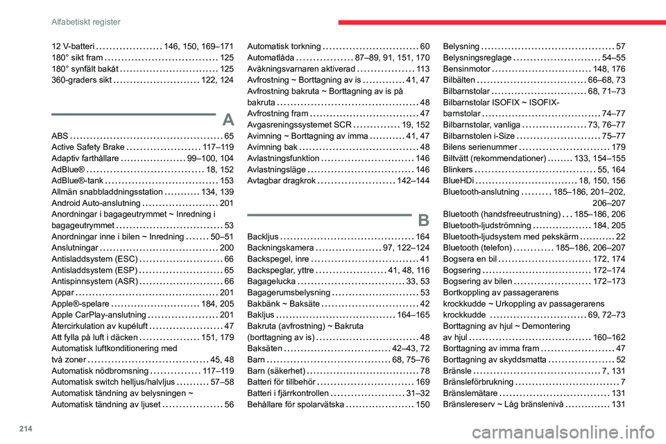 CITROEN C4 2021  InstruktionsbÖcker (in Swedish) 214
Alfabetiskt register
12 V-batteri    146, 150, 169–171
180° sikt fram     
125
180° synfält bakåt
    
125
360-graders sikt
    
122, 124
A
ABS     65
Active Safety Brake     
117–119
Adap