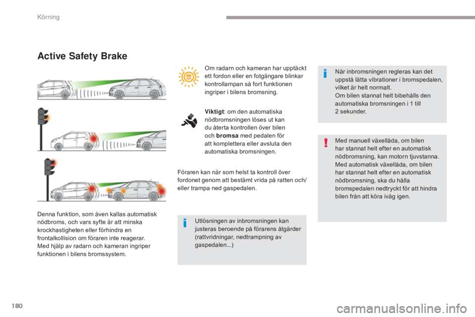 CITROEN C4 SPACETOURER 2018  InstruktionsbÖcker (in Swedish) 180
C4-Picasso-II_sv_Chap04_conduite_ed02-2016
Active Safety Brake
Denna funktion, som även kallas automatisk 
nödbroms, och vars syfte är att minska 
krockhastigheten eller förhindra en 
frontalk