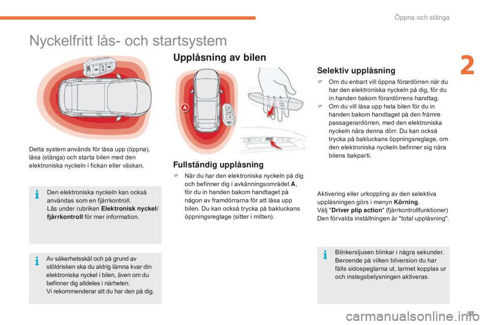 CITROEN C4 SPACETOURER 2016  InstruktionsbÖcker (in Swedish) 53
C4-Picasso-II_sv_Chap02_ouvertures_ed01-2016
Detta system används för låsa upp (öppna), 
låsa (stänga) och starta bilen med den 
elektroniska nyckeln i fickan eller väskan.Av säkerhetsskäl