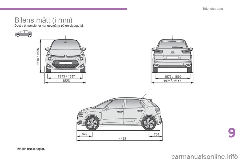 CITROEN C4 SPACETOURER 2014  InstruktionsbÖcker (in Swedish) 9
331
Te k n i s k a  d a t a
   
 
 
 
Bilens mått (i mm)  
Dessa dimensioner har uppmätts på en olastad bil. 
* Infällda backspeglar. 