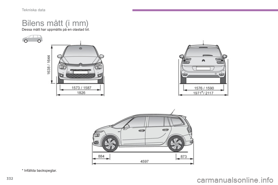 CITROEN C4 SPACETOURER 2014  InstruktionsbÖcker (in Swedish) 332
Te k n i s k a  d a t a
   
 
 
 
Bilens mått (i mm) Dessa mått har uppmätts på en olastad bil. 
* Infällda backspeglar. 