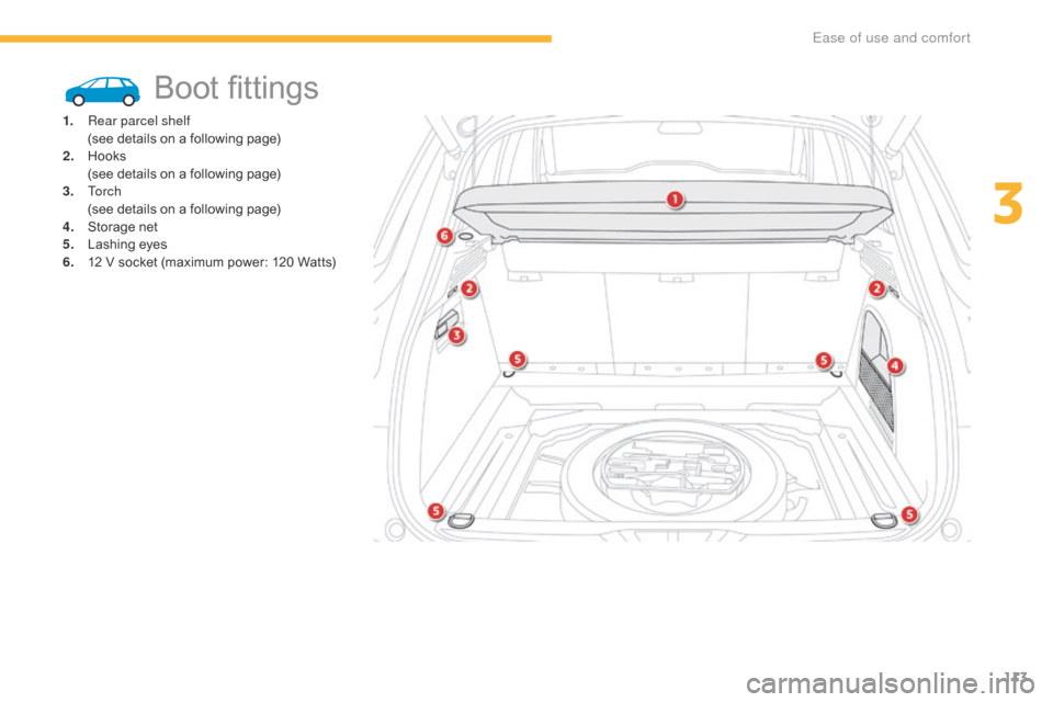 Citroen GRAND C4 PICASSO RHD 2016 2.G Owners Manual 113
Boot fittings
1. Rear parcel shelf (see   details   on   a   following   page)
2.
 H

ooks
 (

see   details   on   a   following   page)
3.
 

To r c h
 (

see   details   on   