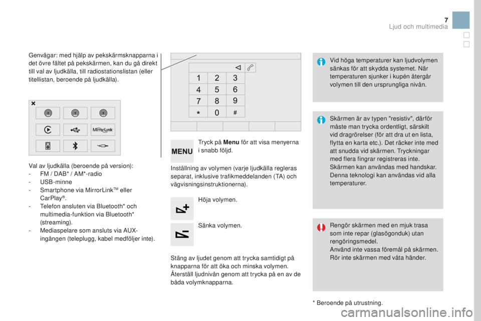 CITROEN DS3 2017 InstruktionsbÖcker (in Swedish) 7
Val av ljudkälla (beroende på version):
- F M / DAB* / AM*-radio
-
USB-minne
-
S
martphone via MirrorLink
TM eller
CarPlay®.
-
T
elefon ansluten via Bluetooth* och
multimedia-funktion via CITROEN DS3 2017 InstruktionsbÖcker (in Swedish) 7
Val av ljudkälla (beroende på version):
- F M / DAB* / AM*-radio
-
USB-minne
-
S
martphone via MirrorLink
TM eller
CarPlay®.
-
T
elefon ansluten via Bluetooth* och
multimedia-funktion via