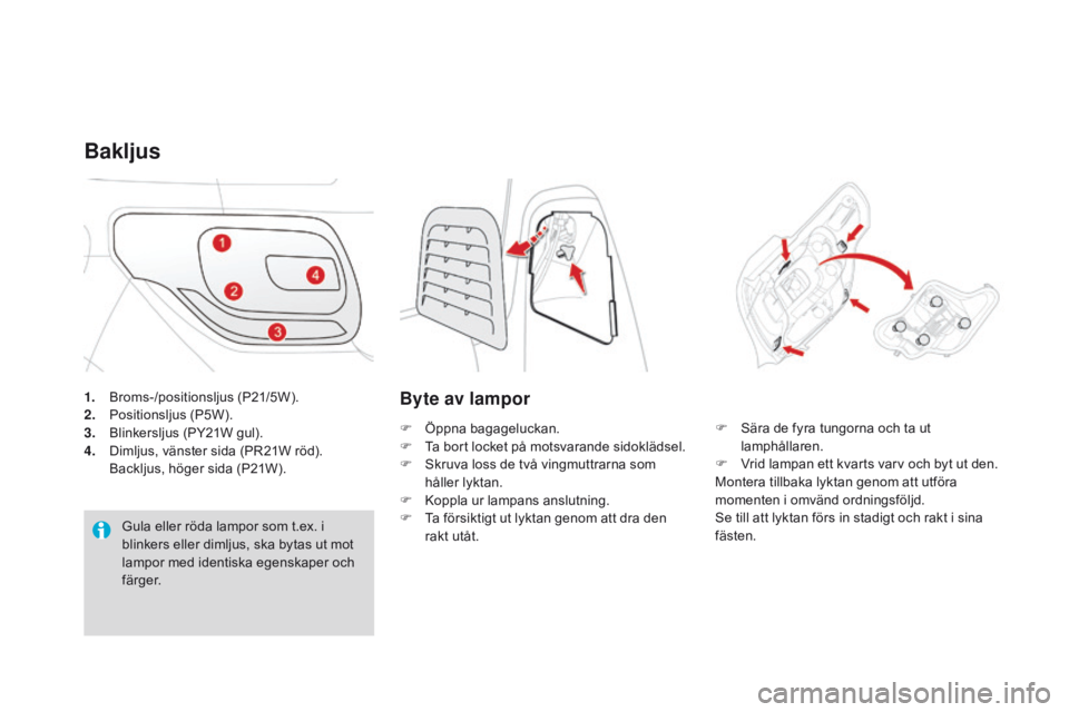 CITROEN DS3 CABRIO 2016  InstruktionsbÖcker (in Swedish) DS3_sv_Chap08_info-pratiques_ed01-2015
1. Broms-/positionsljus (P21/5W).
2. Positionsljus (P5W).
3.
 B

linkersljus (PY21W gul).
4.
 D

imljus, vänster sida (PR21W röd).
 B

ackljus, höger sida (P2