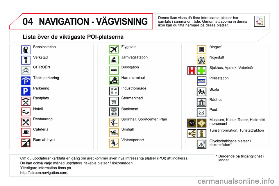 CITROEN DS3 CABRIO 2015  InstruktionsbÖcker (in Swedish) 04
Ds3_sv_Chap13b_rt6-2-8_ed01-2014
nAvI g ATI on 	 - 	vÄ gv IS n I ng
Denna ikon visas då flera intressanta platser har 
samlats i samma område. Genom att zooma in denna 
ikon kan du titta närmar