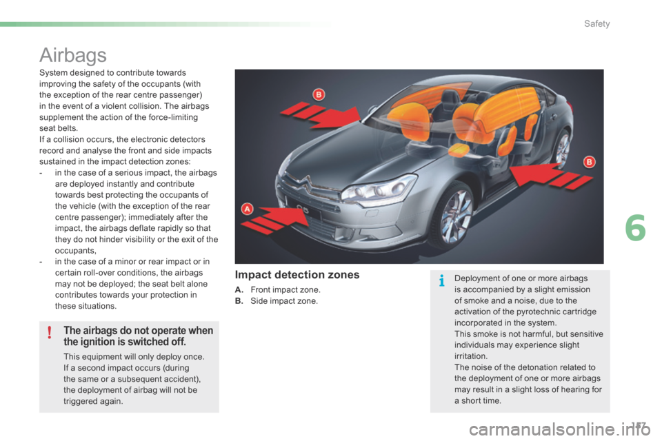 Citroen C5 2016 (RD/TD) / 2.G Owners Manual 157
C5_en_Chap06_securite_ed01-2015
Airbags
System designed to contribute towards
improving the safety of the occupants (with
the exception of the rear centre passenger)
in the event of a violent c Citroen C5 2016 (RD/TD) / 2.G Owners Manual 157
C5_en_Chap06_securite_ed01-2015
Airbags
System designed to contribute towards
improving the safety of the occupants (with
the exception of the rear centre passenger)
in the event of a violent c