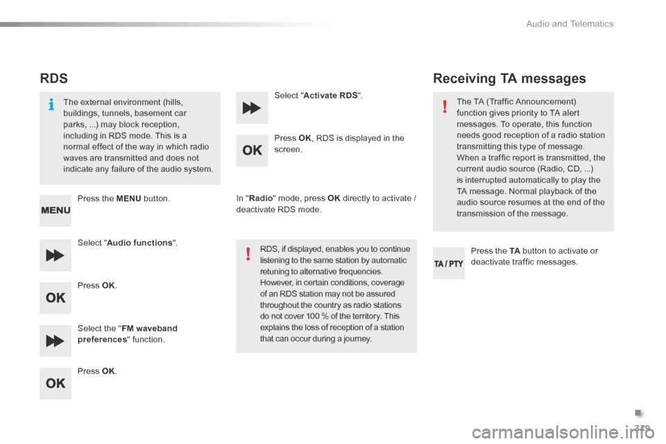 Citroen C5 2016 (RD/TD) / 2.G Owners Manual 319
C5_en_Chap11c_RD45_ed01-2015
RDS
The external environment (hills,
buildings, tunnels, basement car
parks, ...) may block reception,
including in RDS mode. This is a
normal effect of the way in Citroen C5 2016 (RD/TD) / 2.G Owners Manual 319
C5_en_Chap11c_RD45_ed01-2015
RDS
The external environment (hills,
buildings, tunnels, basement car
parks, ...) may block reception,
including in RDS mode. This is a
normal effect of the way in