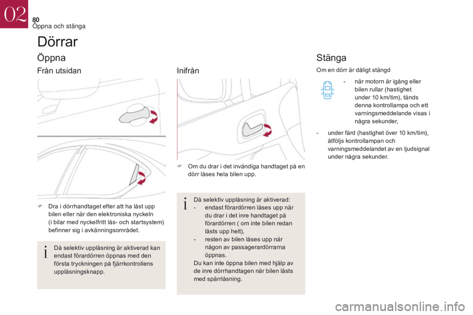 CITROEN DS4 2017  InstruktionsbÖcker (in Swedish) 80
DS4_sv_Chap02_ouvertures_ed01-2016
Dörrar
Öppna
F Dra i dörrhandtaget efter att ha låst upp bilen eller när den elektroniska nyckeln  
(i bilar med nyckelfritt lås- och startsystem) 
befinner