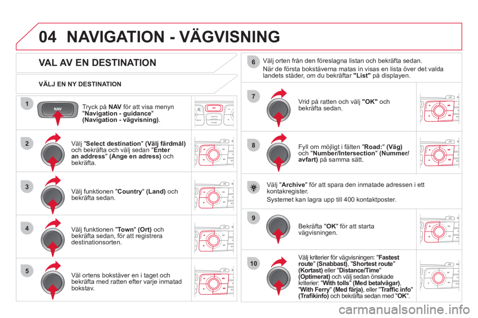 CITROEN DS4 2013  InstruktionsbÖcker (in Swedish) 04
1
2
3
4
5
7
9
10
8
6
Tryck på  NAVför att visa menyn "Navigation - guidance 
" (Navigation - vägvisning). 
     
VÄLJ EN NY DESTINATION
NAVIGATION - VÄGVISNING
 
 
 
 
 
 
 
 
 
 
 
 
 
VAL AV