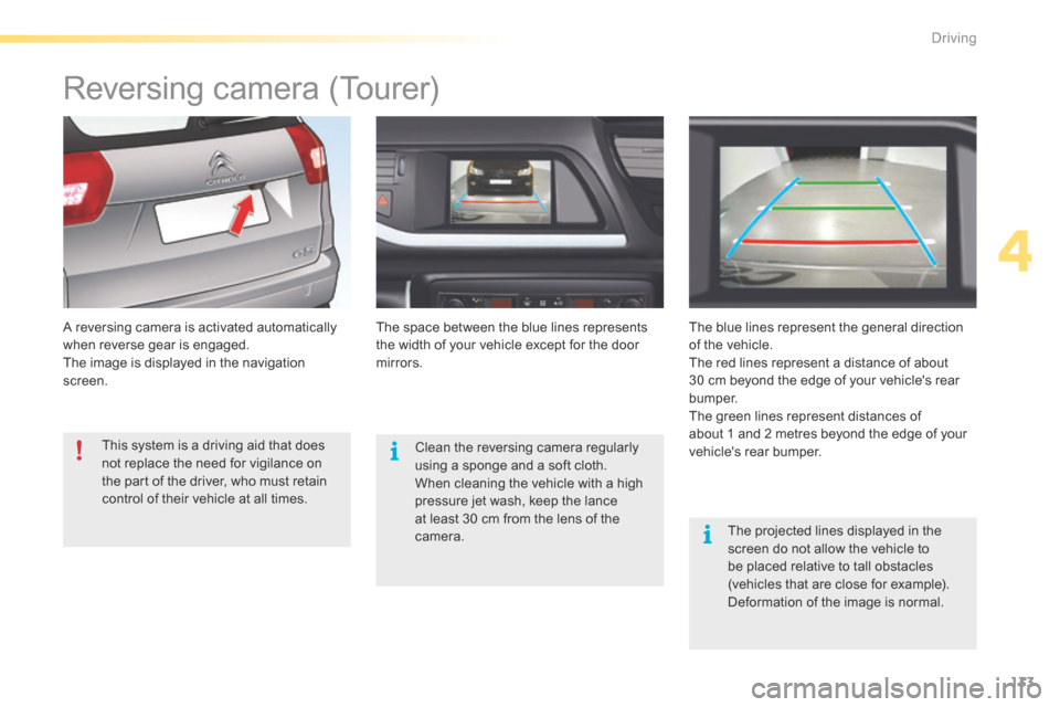 Citroen C5 RHD 2016 (RD/TD) / 2.G Owners Manual 133
Reversing camera (Tourer)
A reversing camera is activated automatically 
when reverse gear is engaged.
The image is displayed in the navigation 
screen.The space between the blue lines represents 