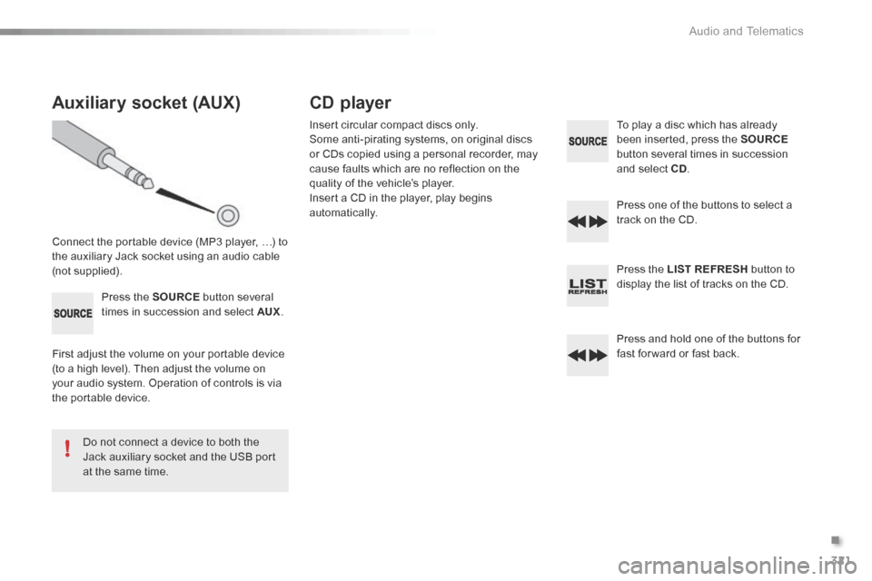Citroen C5 RHD 2016 (RD/TD) / 2.G Owners Manual 321
Auxiliary socket (AUX)
Connect the portable device (MP3 player, …) to
the auxiliary Jack socket using an audio cable
(not supplied).Press the SOURCE button several
times in succession and se Citroen C5 RHD 2016 (RD/TD) / 2.G Owners Manual 321
Auxiliary socket (AUX)
Connect the portable device (MP3 player, …) to
the auxiliary Jack socket using an audio cable
(not supplied).Press the SOURCE button several
times in succession and se