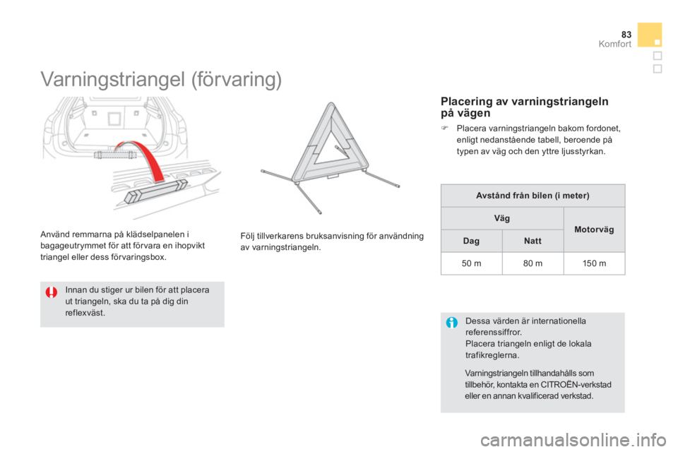CITROEN DS5 2012  InstruktionsbÖcker (in Swedish) 83Komfor t
   
 
 
 
 
 
 
 
 
 
Varningstriangel (förvaring) 
 
 
Innan du stiger ur bilen för att placeraut triangeln, ska du ta på dig dinreflexväst.  Föl
j tillverkarens bruksanvisning för a