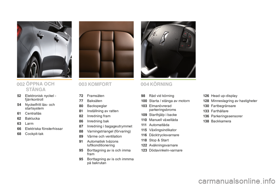 CITROEN DS5 HYBRID 2016  InstruktionsbÖcker (in Swedish) 002003004
DS5_sv_Chap00a_sommaire_ed02-2015
KoMFoRT
Ö
PPNA o
cH 
S T
Ä N
gA KÖ

RNINg
72 Framsäten
77
 Ba
 ksäten
80
 Ba

ckspeglar
81
 In

ställning av ratten
82
 In

redning fram
86
 Inr

edni