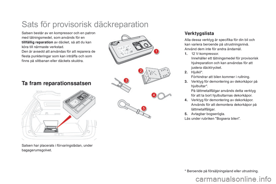 CITROEN DS5 HYBRID 2015  InstruktionsbÖcker (in Swedish) DS5_sv_Chap08_info-pratiques_ed01-2015
Satsen har placerats i förvaringslådan, under 
bagagerumsgolvet. Satsen består av en kompressor och en patron 
med tätningsmedel, som används för en 
tillf