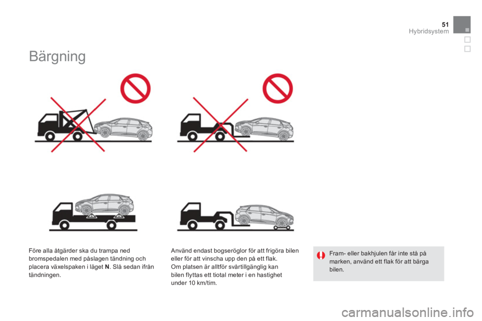 CITROEN DS5 HYBRID 2012  InstruktionsbÖcker (in Swedish) 51Hybridsystem
   
 
 
 
 
 
 
 
Bärgning  
 
 
Före alla åtgärder ska du trampa ned 
bromspedalen med påslagen tändning och placera växelspaken i läget N. Slå sedan ifrån
tändningen.     
