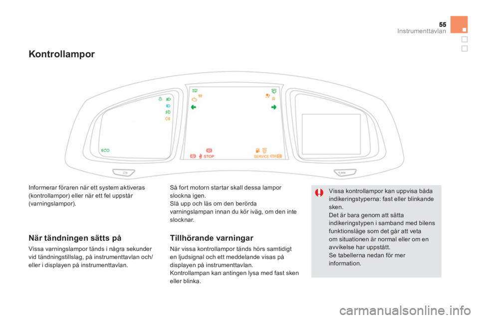 CITROEN DS5 HYBRID 2012  InstruktionsbÖcker (in Swedish) Instrumenttavlan
Kontrollampor 
Så for t motorn star tar skall dessa lampor 
slockna igen.
Slå upp och läs om den berörda
varningslampan innan du kör iväg, om den inte slocknar.  
Tillhörande v