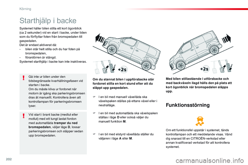 CITROEN JUMPER SPACETOURER 2017  InstruktionsbÖcker (in Swedish) 202
Spacetourer-VP_sv_Chap06_conduite_ed01-2016
Starthjälp i backe
Systemet håller bilen stilla ett kort ögonblick 
(ca 2 sekunder) vid en start i backe, under tiden 
som du för flyttar foten frå
