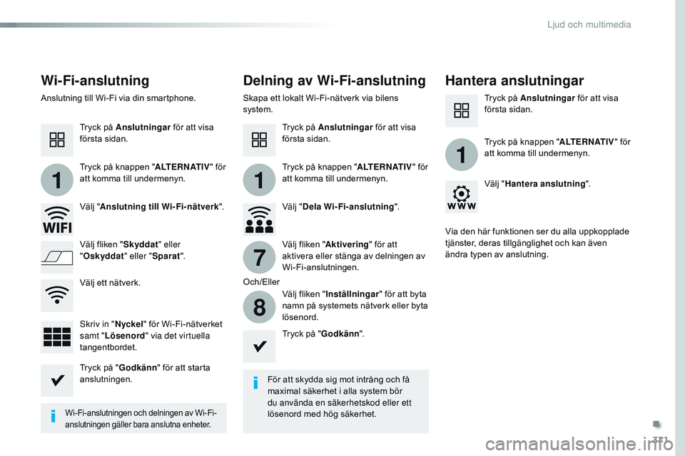 CITROEN JUMPER SPACETOURER 2017  InstruktionsbÖcker (in Swedish) 371
11
1
7
8
Spacetourer-VP_sv_Chap10b_nAC-1_ed01-2016
Wi-Fi-anslutning Delning av Wi-Fi-anslutningHantera anslutningar
För att skydda sig mot intrång och få 
maximal säkerhet i alla system bör 
