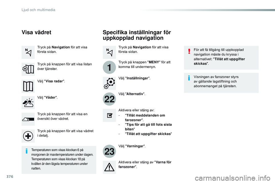 CITROEN JUMPER DISPATCH 2017 InstruktionsbÖcker (in Swedish) 376
22
23
1
Jumpy_sv_Chap10b_NAC-1_ed01-2016
Specifika inställningar för
uppkopplad navigation
För att få tillgång till uppkopplad
navigation måste du kryssa i
alternativet: "Tillåt att CITROEN JUMPER DISPATCH 2017 InstruktionsbÖcker (in Swedish) 376
22
23
1
Jumpy_sv_Chap10b_NAC-1_ed01-2016
Specifika inställningar för
uppkopplad navigation
För att få tillgång till uppkopplad
navigation måste du kryssa i
alternativet: "Tillåt att
