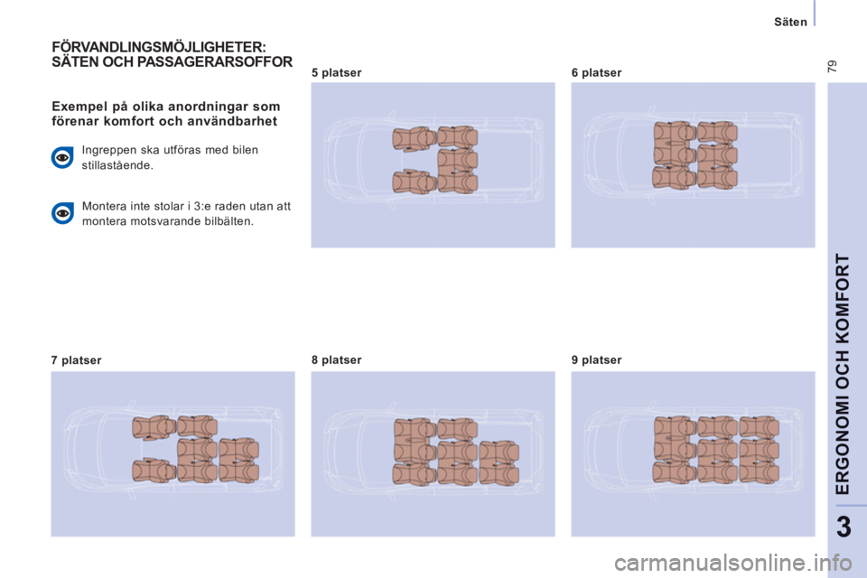 CITROEN JUMPER MULTISPACE 2013  InstruktionsbÖcker (in Swedish)  79
   
 
Säten  
 
ERGONOMI OCH KOMFOR
T
3
 
FÖRVANDLINGSMÖJLIGHETER: 
SÄTEN OCH PASSAGERARSOFFOR 
   
Exempel på olika anordningar somförenar komfort och användbarhet
 
Ingreppen ska utföras