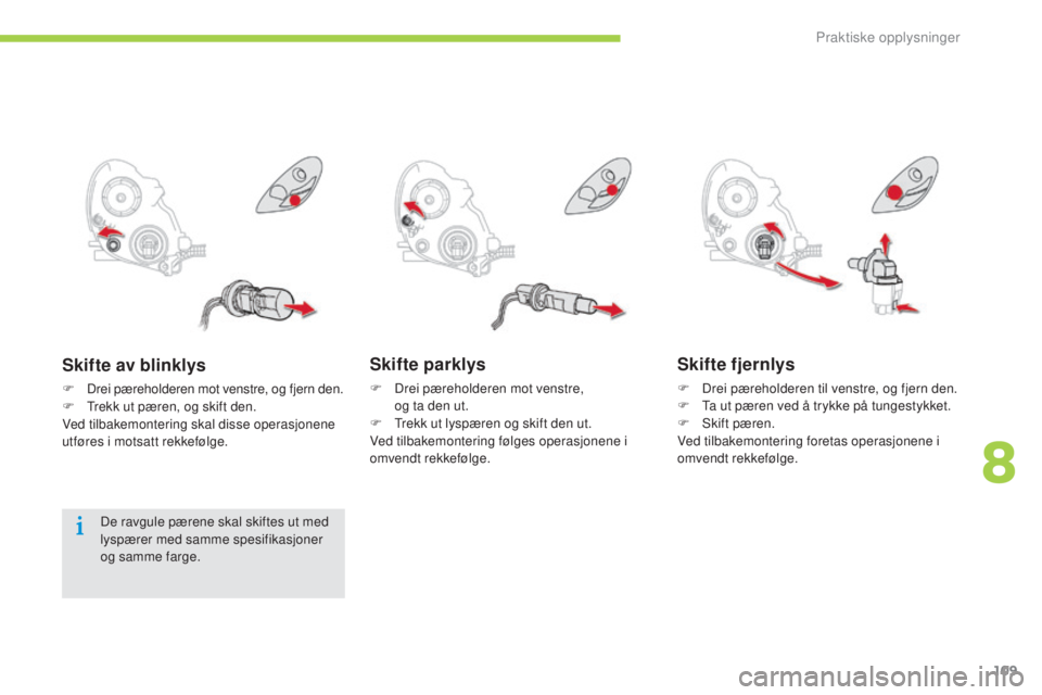 CITROEN C-ZERO 2016  InstruksjonsbØker (in Norwegian) 109
C-zero_no_Chap08_info-pratiques_ed01-2014
Skifte parklys
F Drei pæreholderen mot venstre,  og ta den   ut.
F
  t
r
 ekk ut lyspæren og skift den ut.
Ved tilbakemontering følges operasjonene i 
