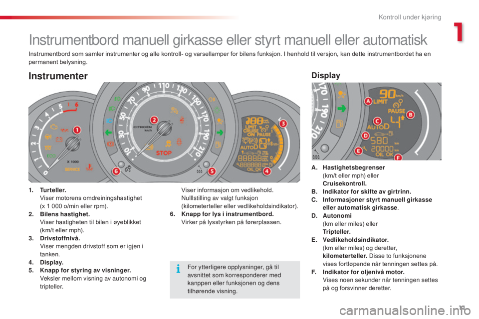 CITROEN C3 2015  InstruksjonsbØker (in Norwegian) 11
C3_no_Chap01_Controle-de-marche_ed01-2014
C3_no_Chap01_Controle-de-marche_ed01-2014
Instrumentbord manuell girkasse eller styrt manuell eller automatisk
Instrumentbord som samler instrumenter og al