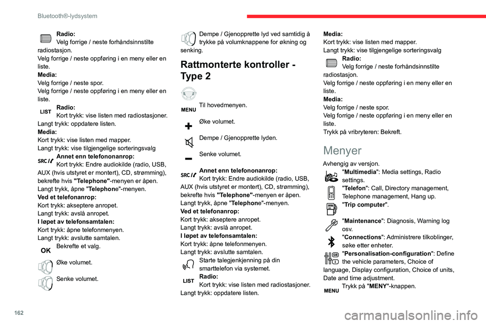 CITROEN C3 AIRCROSS 2021  InstruksjonsbØker (in Norwegian) 162
Bluetooth®-lydsystem
Flytte fra en meny til en annen. 
Gå inn i en meny. 
Radio
Velge stasjon
Trykk flere ganger etter hverandre på SOURCE-knappen og velg 
radiofunksjonen.
Trykk på denne knap