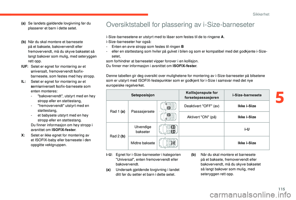 CITROEN C3 AIRCROSS 2019  InstruksjonsbØker (in Norwegian) 115
Oversiktstabell for plassering av i-Size-barneseter
i-Size-barnesetene er utstyrt med to låser som festes til de to ringene A.
i-Size-barneseter har også:
-
 
E
 nten en øvre stropp som festes 