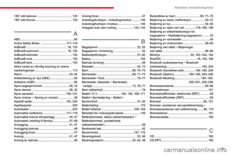 CITROEN C4 2021  InstruksjonsbØker (in Norwegian) 213
Alfabetisk innholdsfortegnelse
180°-sikt bakover     125
180°-sikt forover     
125
A
ABS    65
Active Safety Brake     
117–119
AdBlue®
    
18, 152
AdBlue®-autonomi
    
18, 150
AdBlue®-b
