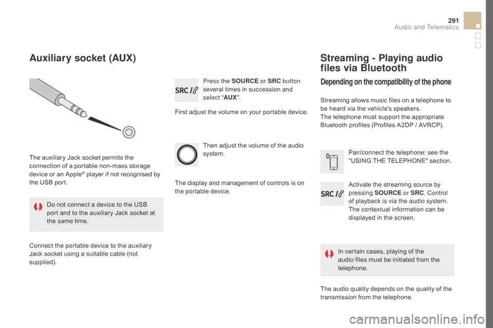 Citroen DS5 2016 1.G Owners Manual 291
DS5_en_Chap11d_RD5_ed02-2015
Press the SOURcE or SRc bu tton
several times in succession and
select " AUX".
First adjust the volume on your portable device.
Then adjust the volume of the audio Citroen DS5 2016 1.G Owners Manual 291
DS5_en_Chap11d_RD5_ed02-2015
Press the SOURcE or SRc bu tton
several times in succession and
select " AUX".
First adjust the volume on your portable device.
Then adjust the volume of the audio