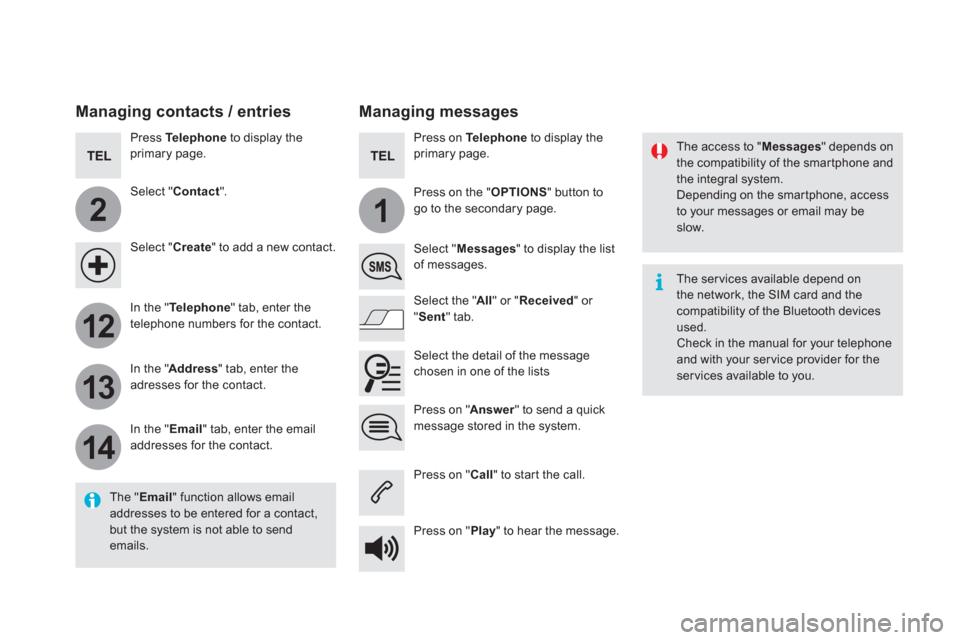 Citroen DS5 2016 1.G Owners Manual 2
12
13
14
1
The access to " Messages
" depends on
the compatibility of the smartphone and
the integral system.
Depending on the smartphone, access
to your messages or email may be
slow. Citroen DS5 2016 1.G Owners Manual 2
12
13
14
1
The access to " Messages
" depends on
the compatibility of the smartphone and
the integral system.
Depending on the smartphone, access
to your messages or email may be
slow.