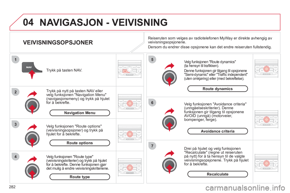 CITROEN C5 2012  InstruksjonsbØker (in Norwegian) 282
04
4
3
2
1
7
6
5
NAVIGASJON - VEIVISNING 
   
VEIVISNINGSOPSJONER 
Velg funksjonen "Route dynamics"(ta hensyn til traﬁ kken).
  Denne 
funksjonen gir tilgang til opsjonene "Semi-dynamic" eller "