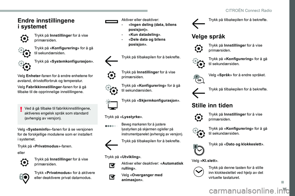 CITROEN C5 AIRCROSS 2020  InstruksjonsbØker (in Norwegian) 15
Endre innstillingene 
i
 
systemet
Trykk på Innstillinger  for å vise 
primærsiden.
Trykk på « Konfigurering » for å gå 
til sekundærsiden.
Trykk på « Systemkonfigurasjon ».
Velg Enhete