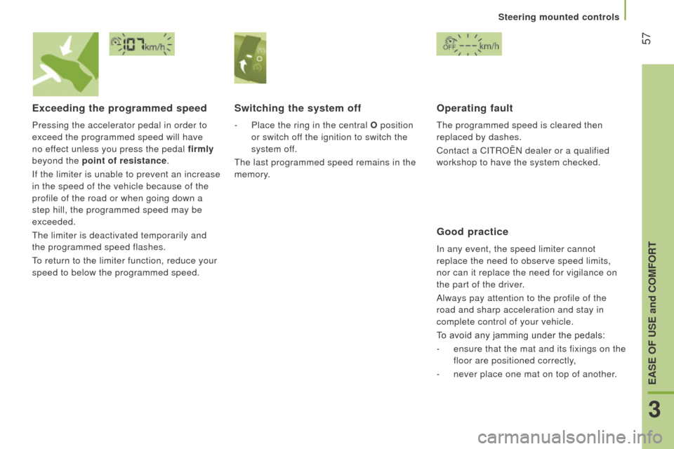 Citroen JUMPER 2016 2.G Owners Manual  57
jumper_en_Chap03_Ergo-et-confort_ed01-2015
Exceeding the programmed speed
Pressing the accelerator pedal in order to 
exceed the programmed speed will have 
no effect unless you press the pedal fi