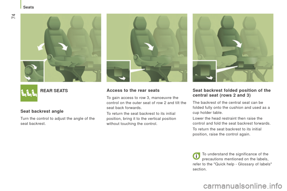 Citroen JUMPER 2016 2.G Owners Manual  74
jumper_en_Chap03_Ergo-et-confort_ed01-2015
rEAr SEAtS
Seat backrest angle
Turn the control to adjust the angle of the 
seat backrest.
Access to the rear seats
To gain access to row 3, manoeuvre th