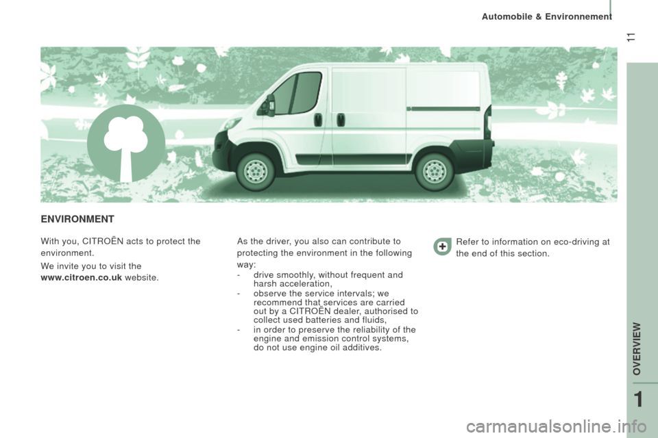 Citroen JUMPER RHD 2016 2.G Owners Manual  11
EnVIrOnMEnt
With you, CITROËN acts to protect the 
environment.
We invite you to visit the  
www.citroen.co.uk website. As the driver, you also can contribute to 
protecting the environment in th