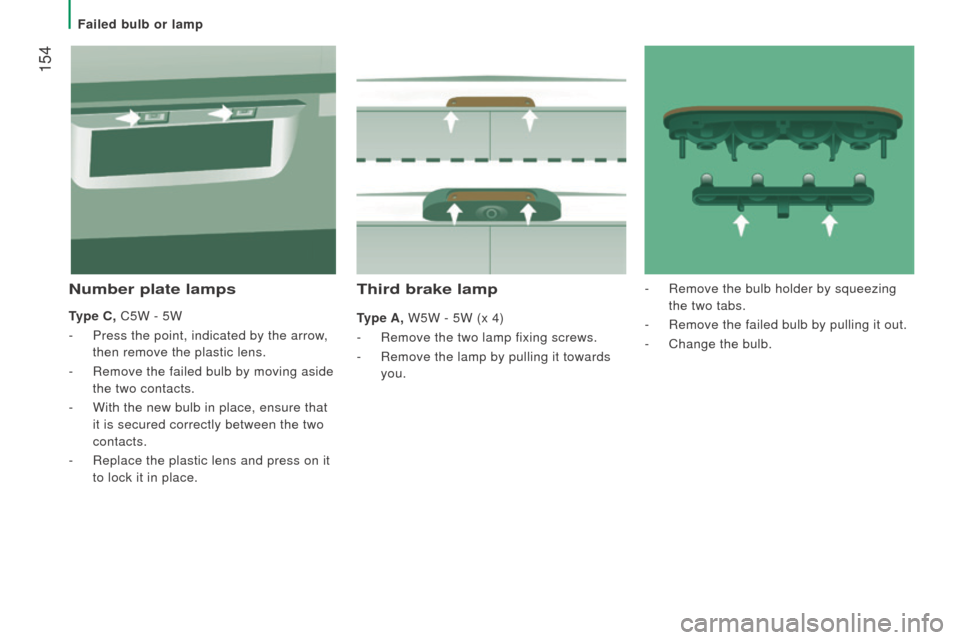 Citroen JUMPER RHD 2016 2.G Owners Manual  154
third brake lamp
type A, W5W - 5W (x 4)
-  
Remove the two lamp fixing screws.
-

 
Remove the lamp by pulling it towards
  
you.
number plate lamps
type  c , C5W - 5W
-  
Press the point, indica