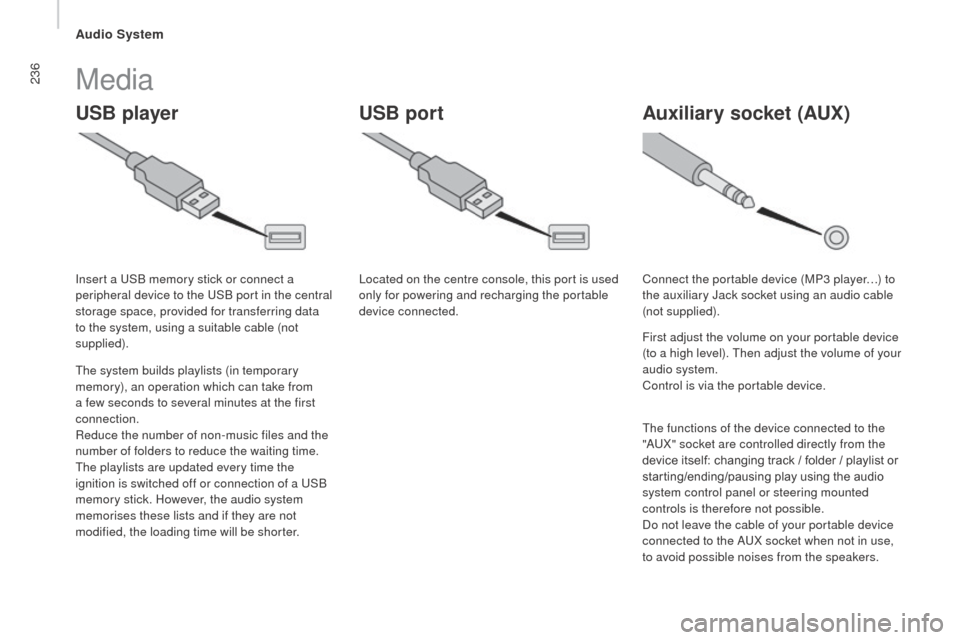 Citroen JUMPER RHD 2016 2.G Owners Manual 236
uSB playerAuxiliary socket (Au x)uSB port
Media
The system builds playlists (in temporary 
memory), an operation which can take from 
a few seconds to several minutes at the first 
connection.
Red