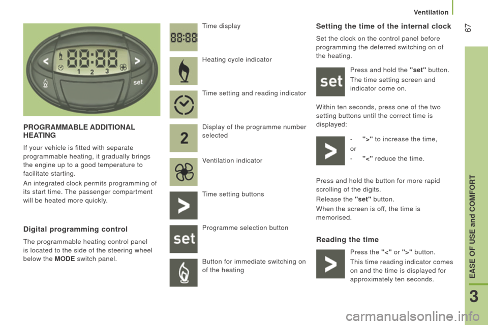 Citroen JUMPER RHD 2016 2.G Owners Manual  67Setting the time of the internal clock
Set the clock on the control panel before 
programming the deferred switching on of 
the heating.Press and hold the "set" button.
The time setting screen and 