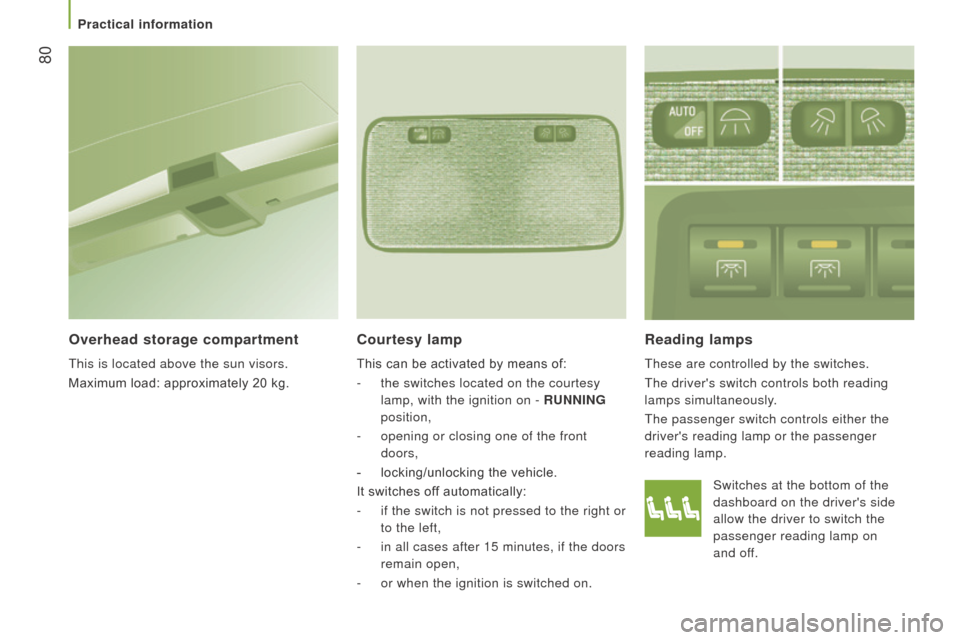Citroen JUMPER RHD 2016 2.G Owners Manual  80
reading lamps
These are controlled by the switches.
The drivers switch controls both reading 
lamps simultaneously.
The passenger switch controls either the 
drivers reading lamp or the passenge