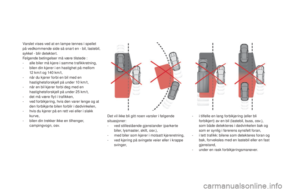 CITROEN DS4 2015  InstruksjonsbØker (in Norwegian) DS4_no_Chap08_conduite_ed02-2015
Det vil ikke bli gitt noen varsler i følgende 
situasjoner:
-
 v
ed stillestående gjenstander (parkerte 
biler, lysmaster, skilt, osv.),
-
 
m
 ed biler som kjører 