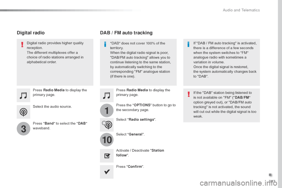 Citroen JUMPY 2016 2.G Owners Manual 397
1
10
3
Jumpy_en_Chap10b_NAC-1_ed01-2016
Select the audio source. Press Radio Media to display the
primary page.
Press " Band" to select the " DAB"
waveband. Press Radio Media
to display the
pr Citroen JUMPY 2016 2.G Owners Manual 397
1
10
3
Jumpy_en_Chap10b_NAC-1_ed01-2016
Select the audio source. Press Radio Media to display the
primary page.
Press " Band" to select the " DAB"
waveband. Press Radio Media
to display the
pr