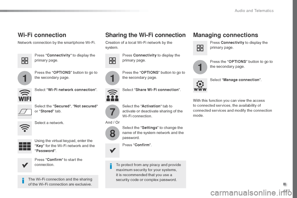 Citroen JUMPY 2016 2.G Owners Manual 437
11
1
7
8
Jumpy_en_Chap10c_RCC-1_ed01-2016
Wi-Fi connectionSharing the Wi-Fi connectionManaging connections
To protect from any piracy and provide
maximum security for your systems,
it is recomme Citroen JUMPY 2016 2.G Owners Manual 437
11
1
7
8
Jumpy_en_Chap10c_RCC-1_ed01-2016
Wi-Fi connectionSharing the Wi-Fi connectionManaging connections
To protect from any piracy and provide
maximum security for your systems,
it is recomme