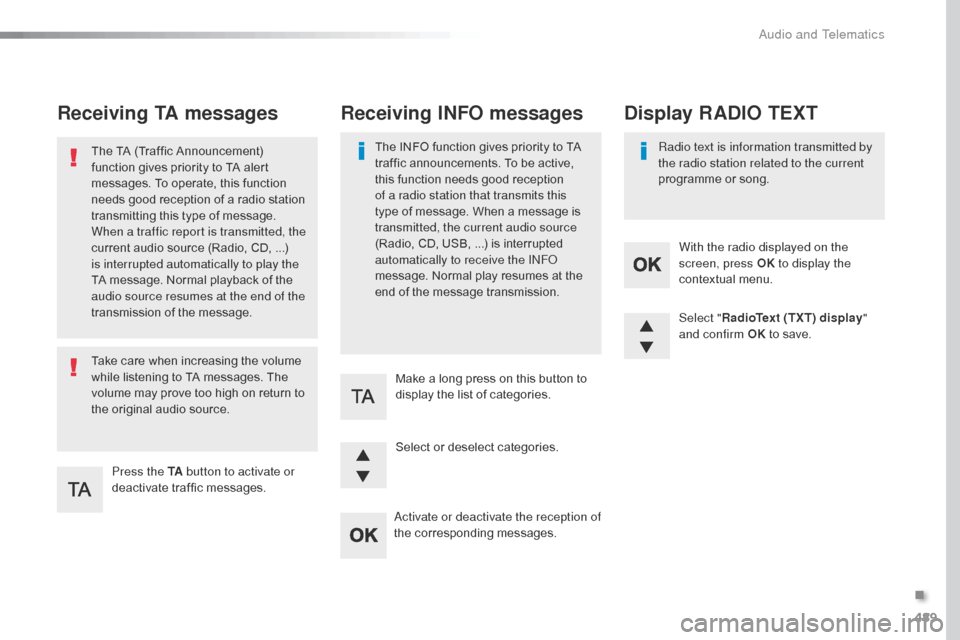 Citroen JUMPY 2016 2.G Owners Manual 489
Jumpy_en_Chap10d_RD6_ed01-2016
Receiving TA messages
Press the TA button to activate or
deactivate traffic messages.
The TA (Traffic Announcement)
function gives priority to TA alert
messages. Citroen JUMPY 2016 2.G Owners Manual 489
Jumpy_en_Chap10d_RD6_ed01-2016
Receiving TA messages
Press the TA button to activate or
deactivate traffic messages.
The TA (Traffic Announcement)
function gives priority to TA alert
messages.