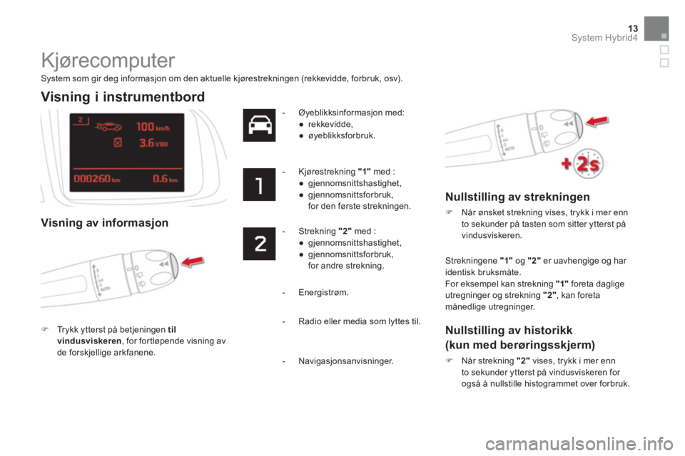 CITROEN DS5 HYBRID 2016  InstruksjonsbØker (in Norwegian) 13System Hybrid4
  Kjørecomputer 
 
 
System som gir deg informasjon om den aktuelle kjørestrekningen (rekkevidde, forbruk, osv).  
 
 
 
 
 
 
 
 
 
 
 
 
Visning i instrumentbord  
 
 
 
Visning a