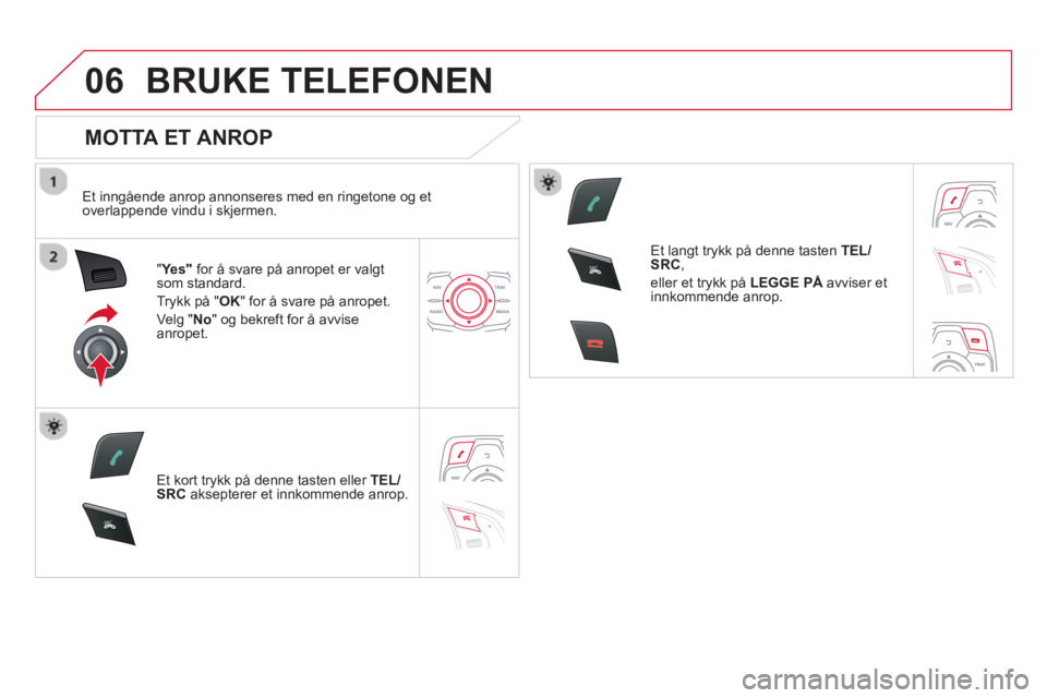 CITROEN DS5 HYBRID 2013  InstruksjonsbØker (in Norwegian) 06
SR
C
SR
C
BRUKE TELEFONEN 
   
MOTTA ET ANROP 
 
 
Et inngående anrop annonseres med en ringetone og et
overlappende vindu i skjermen.
"Yes"   for å svare på anropet er valgt som standard.
Tr
yk