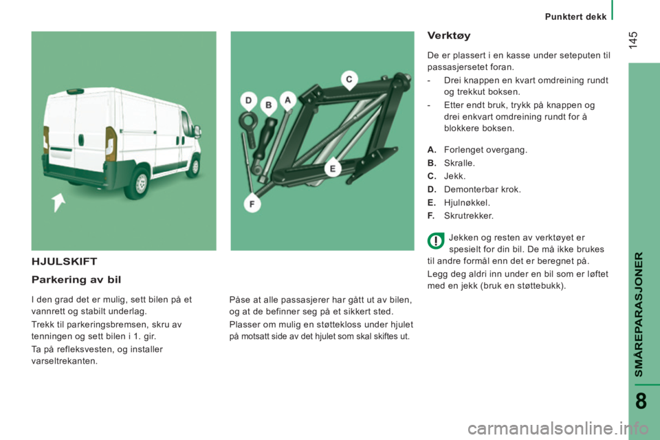 CITROEN JUMPER 2015  InstruksjonsbØker (in Norwegian)    Punktert  dekk   
 145
SMÅREPARASJONER
8
JUMPER-PAPIER_NO_CHAP08_AIDE RAPIDE_ED01-2014
  Parkering  av  bil 
 I den grad det er mulig, sett bilen på et 
vannrett og stabilt underlag. 
 Trekk til 