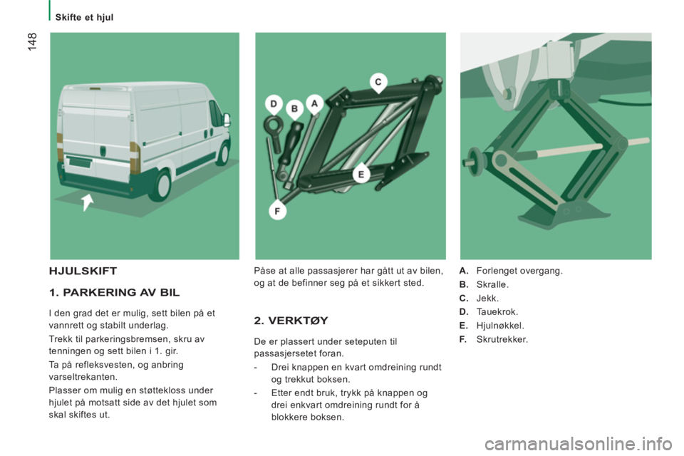 CITROEN JUMPER 2013  InstruksjonsbØker (in Norwegian) 14
8
   
 
Skifte et hjul  
 
 
 
1. PARKERING AV BIL 
 
I den grad det er mulig, sett bilen på et 
vannrett og stabilt underlag. 
  Trekk til parkeringsbremsen, skru av 
tenningen og sett bilen i 1.