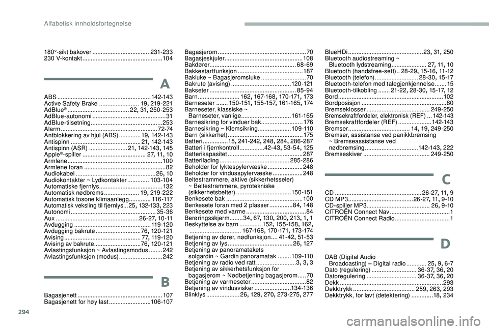 CITROEN JUMPER SPACETOURER 2018  InstruksjonsbØker (in Norwegian) 294
180°-sikt bakover .................................. 231-233
230 V-kontakt  ................................................ 104
A
ABS ........................................................ 142